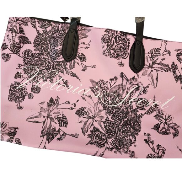 New VICTORIAS SECRET Pink Tote Bag with Black Floral Pattern Bag Purse With Tag - Picture 13 of 14